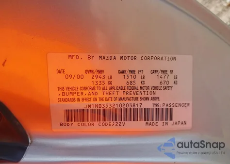 2001 Mazda Mx-5 Miata Ls/Special Edition z USA, uszkodzony, nr VIN JM1NB353210203817